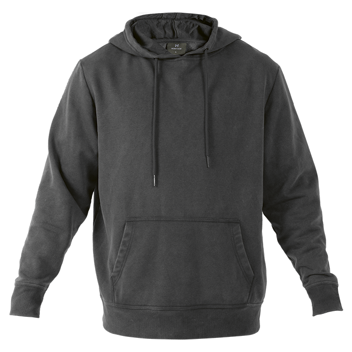Charcoal pullover hoodie with front pocket and drawstring hood.