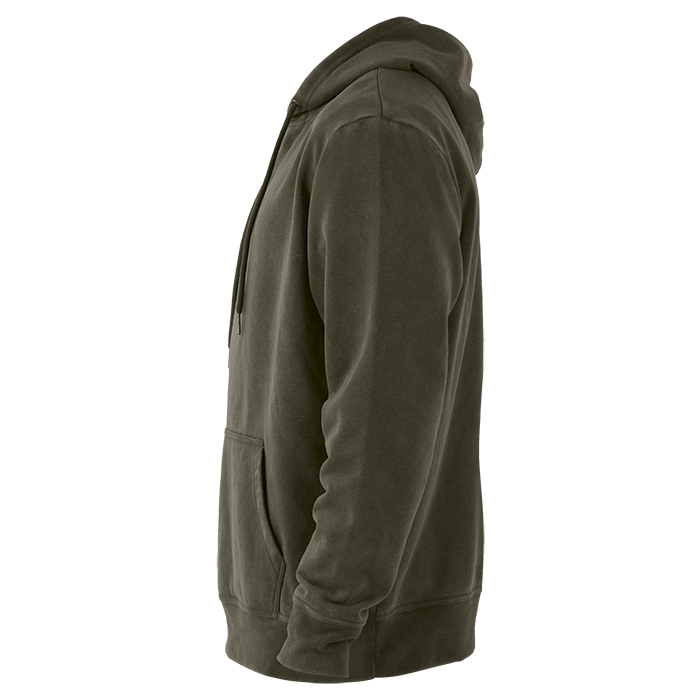 Olive green hoodie shown from the side.