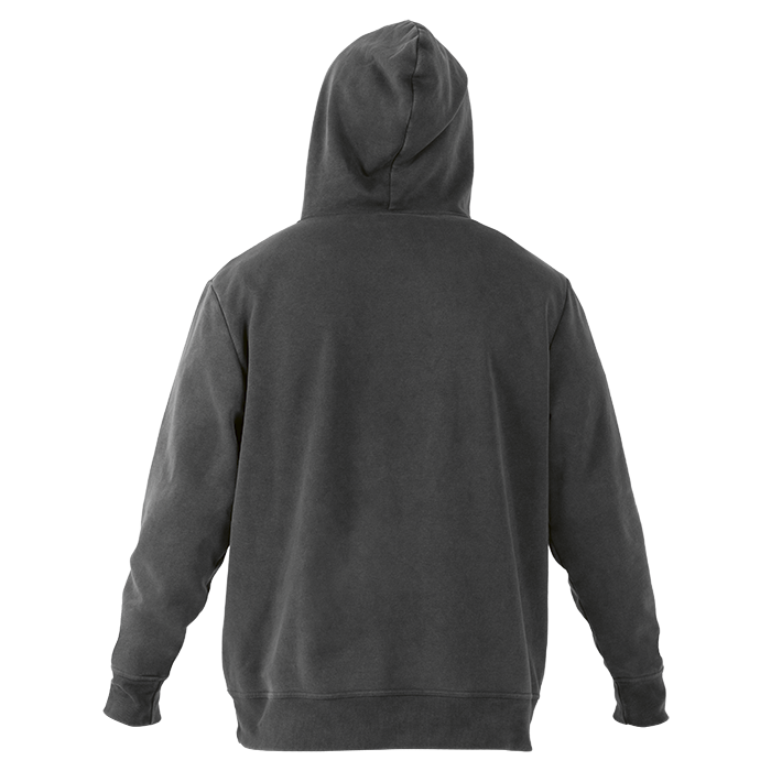 Charcoal pullover hoodie with front pocket and drawstring hood.