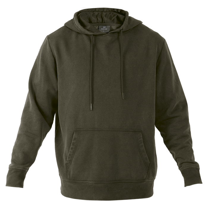 Olive green pullover hoodie for branded corporate apparel.