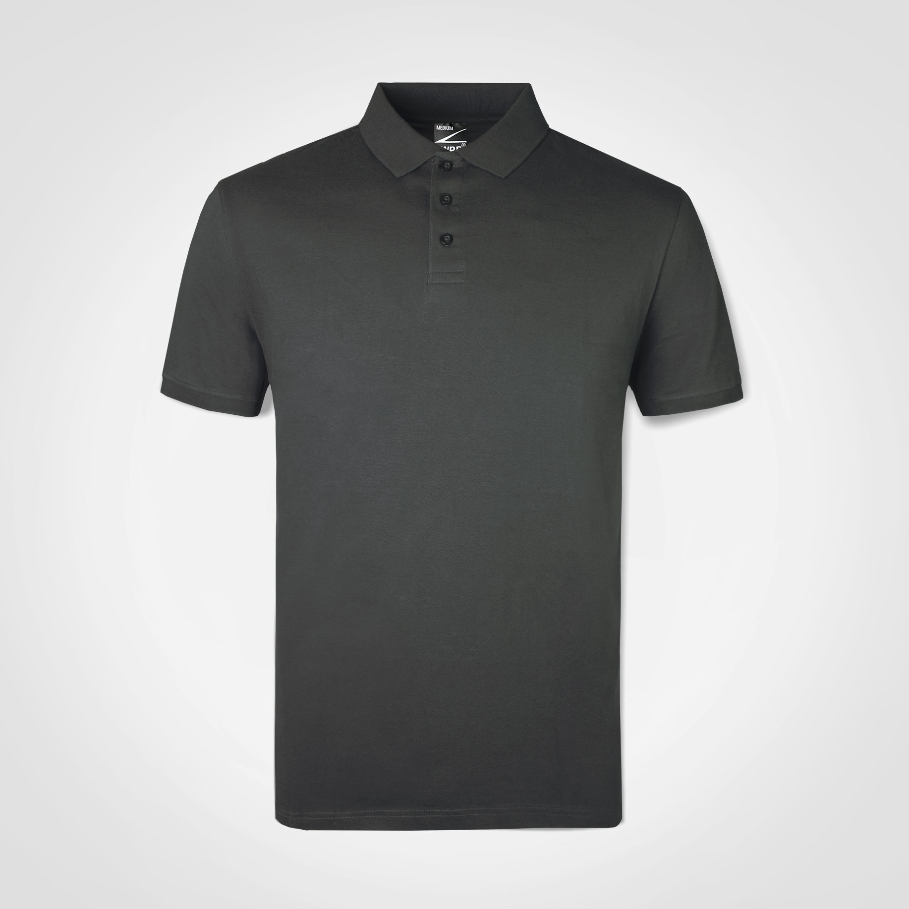 Black short-sleeve polo shirt for corporate uniforms and branding.